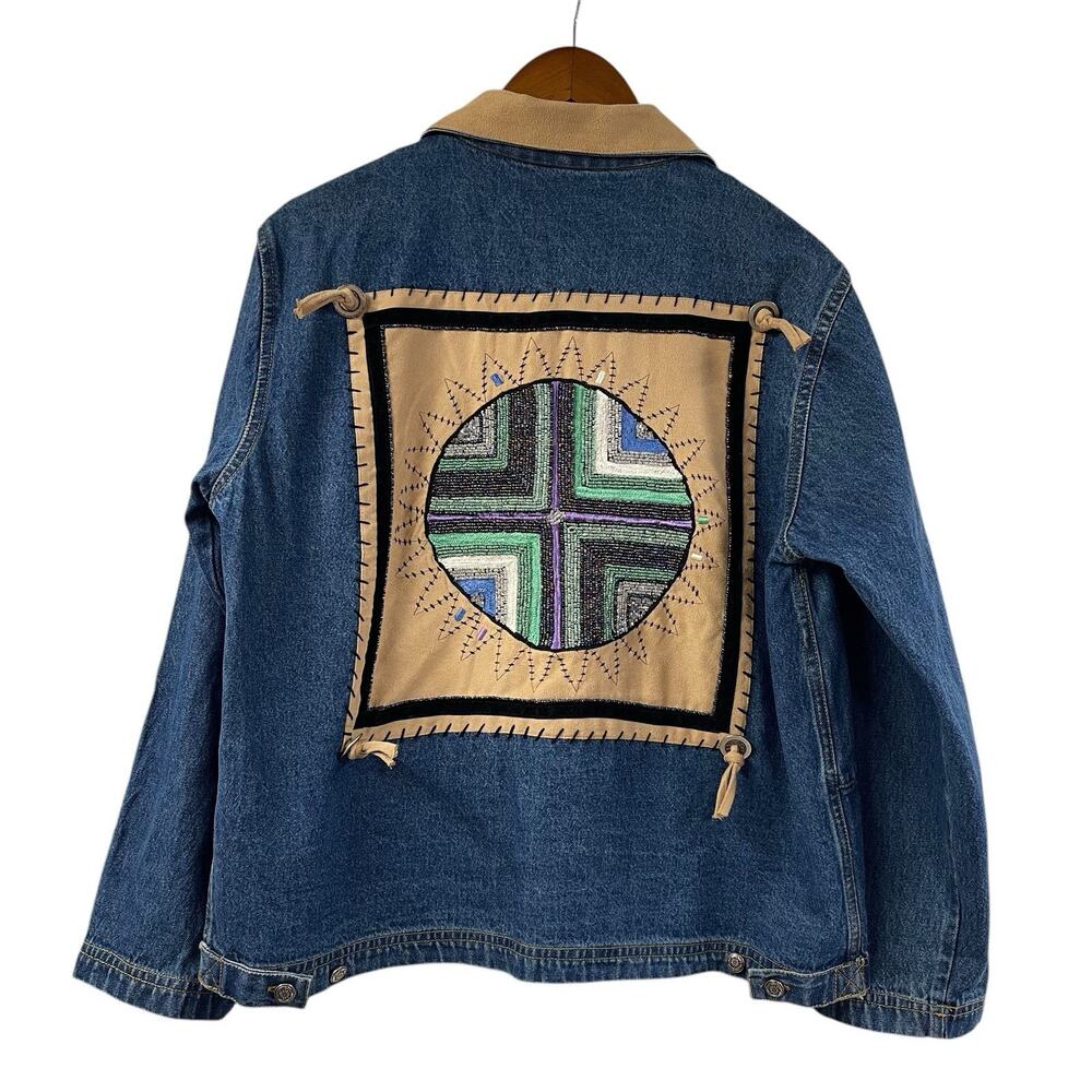 Beaded Jean Jacket Denim Chore Coat Vintage Suede Collar Small Western Boho